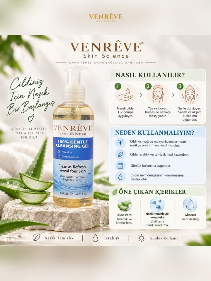 Gentle Cleansing Gel 200 ml – Aloe Vera İçeren Nazik Temizleyici Yüz Temizleme Jeli